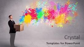  Presentation with spray paint - Audience pleasing presentation theme consisting of colorful courier delivers - young smiling business male holding backdrop and a light gray colored foreground
