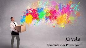  Presentation with spray paint - PPT theme featuring young smiling business male holding a paperboard box with illustration of colourful spray paint splash on urban wall background concept background and a light gray colored foreground