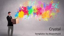  Presentation with spray paint - Cool new PPT layouts with young smiling business male holding a paperboard box with illustration of colourful spray paint splash on urban wall background concept backdrop and a light gray colored foreground
