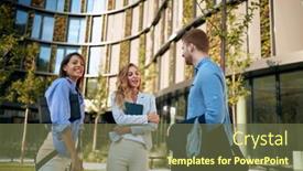  Presentation with coworkers - Presentation design having young-smiling-business-woman-talking background and a tawny brown colored foreground