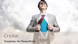  Presentation with acting - PPT theme consisting of young smiling businessman acting like super hero and tearing his shirt off background and a lemonade colored foreground