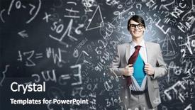  Presentation with acting - Slide deck with young smiling businessman acting like super hero and tearing his shirt off background and a tawny brown colored foreground