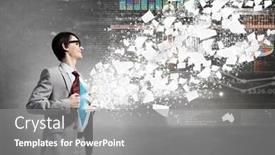  Presentation with acting - Cool new slide deck with young smiling businessman acting like super hero and tearing his shirt off backdrop and a gray colored foreground
