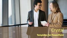  Presentation with points - Slide deck having young-smiling-businessman-explaining-something background and a tawny brown colored foreground