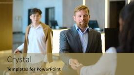  Presentation with giving - PPT theme enhanced with young-smiling-businessman-giving-keycard background and a coral colored foreground