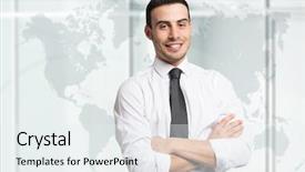  Presentation with world map - Beautiful slides featuring young smiling businessman in front backdrop and a sky blue colored foreground