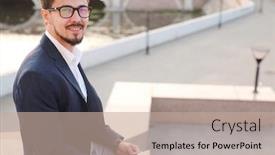  Presentation with scrolling - Colorful PPT layouts enhanced with young-smiling-businessman-in-suit backdrop and a coral colored foreground