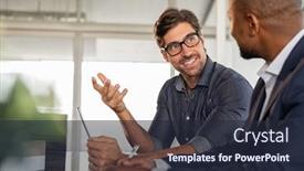  Presentation with office room - Cool new PPT layouts with young-smiling-businessman-wearing-eyeglasses backdrop and a wine colored foreground