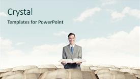  Presentation with book - Audience pleasing PPT layouts consisting of young smiling businessman with opend backdrop and a sky blue colored foreground