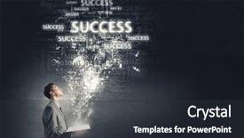  Presentation with book - Slide set featuring young smiling businessman with opend background and a tawny brown colored foreground