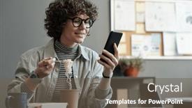  Presentation with chat - Theme with young-smiling-businesswoman-eating-chinese background and a gray colored foreground