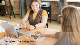  Presentation with new ideas - PPT theme having young-smiling-businesswoman-in-casualwear background and a coral colored foreground