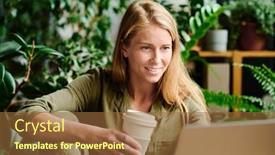  Presentation with laptop - Slides with young-smiling-businesswoman-looking background and a tawny brown colored foreground