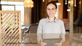  Presentation with ethnicity - Colorful slide deck enhanced with young smiling businesswoman of asian ethnicity holding document while standing inside luxurious restaurant backdrop and a coral colored foreground