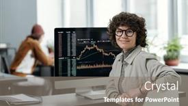  Presentation with data analyst - Slide deck enhanced with young-smiling-businesswoman-or-crypto background and a gray colored foreground
