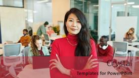  Presentation with ethnicity - Slide deck having young-smiling-businesswoman-or-designer background and a red colored foreground