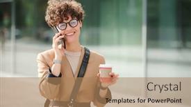  Presentation with consulting - Audience pleasing theme consisting of young-smiling-businesswoman-with-drink backdrop and a coral colored foreground