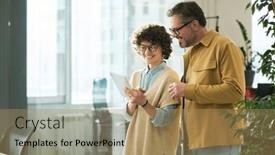  Presentation with data meeting - Presentation theme with young-smiling-businesswoman-with-tablet background and a coral colored foreground