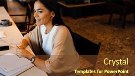  Presentation with writing notes - Slide deck consisting of young-smiling-businesswoman-writing-down background and a tawny brown colored foreground