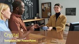  Presentation with terminal - PPT theme featuring young-smiling-clerk-with-payment background and a tawny brown colored foreground