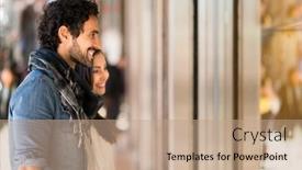  Presentation with urban - Theme having young-smiling-couple-shopping background and a coral colored foreground