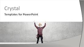  Presentation with craftsman - Cool new slide set with young smiling craftsman holding white blank banner above head backdrop and a white colored foreground