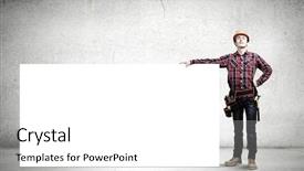  Presentation with craftsman - Theme with young smiling craftsman holding with blank banner place for text background and a white colored foreground