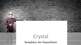  Presentation with craftsman - Cool new PPT theme with young smiling craftsman holding with blank banner place for text backdrop and a white colored foreground