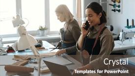  Presentation with order - Presentation theme featuring young-smiling-craftswoman-in-workwear background and a tawny brown colored foreground