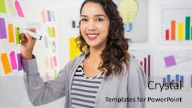  Presentation with creative writing - Presentation enhanced with young smiling creative businesswoman in the office writing on sticky notes background and a light gray colored foreground