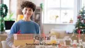  Presentation with family tree - PPT theme having young-smiling-curly-brunette-woman background and a coral colored foreground