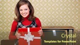  Presentation with 70s - Colorful presentation design enhanced with young-smiling-ecstatic-woman-holding backdrop and a tawny brown colored foreground