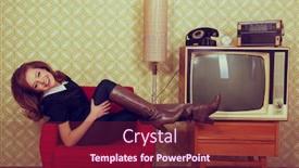  Presentation with 70s - Presentation theme featuring young-smiling-ecstatic-woman-lies background and a violet colored foreground