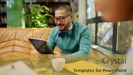  Presentation with coworking - Slide set consisting of young-smiling-employee-using-digital background and a yellow colored foreground