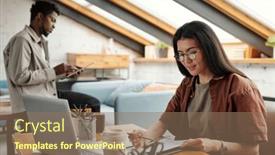  Presentation with female - PPT theme featuring young-smiling-female-analyst-looking and a coral colored foreground