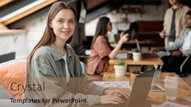  Presentation with data analyst - Slides consisting of young-smiling-female-analyst and a coral colored foreground