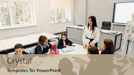  Presentation with school kids - Presentation theme enhanced with young-smiling-female-asian-teacher and a coral colored foreground