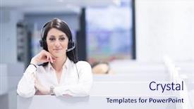  Presentation with female - PPT theme enhanced with young smiling female call centre background and a sky blue colored foreground