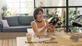  Presentation with female - Slides enhanced with young-smiling-female-host-putting background and a  colored foreground