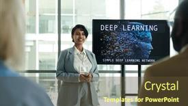  Presentation with audience - Slide deck consisting of young-smiling-female-lecturer background and a  colored foreground