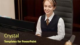  Presentation with database - PPT layouts with young-smiling-female-receptionist-entering background and a wine colored foreground