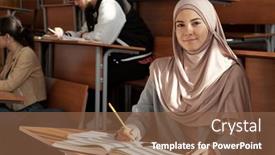  Presentation with lecture hall - PPT theme with young-smiling-female-student background and a tawny brown colored foreground