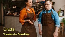  Presentation with employee training - Slide set with young-smiling-female-waitress-wearing background and a tawny brown colored foreground