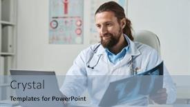  Presentation with medical laptop - Presentation with young-smiling-general-practitioner background and a light blue colored foreground