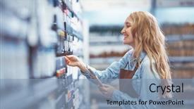  Presentation with painting walls paint roller - PPT layouts having young smiling girl choosing paint background and a light blue colored foreground