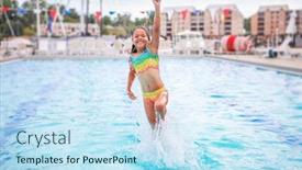 Presentation with water drops - Audience pleasing PPT layouts consisting of young-smiling-girl-jumping-up backdrop and a sky blue colored foreground