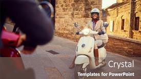  Presentation with bikers - Cool new theme with young smiling girl on vespa scooter at city bikers backdrop and a violet colored foreground