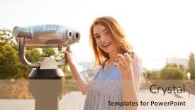  Presentation with telescope - Audience pleasing PPT theme consisting of young smiling girl standing at the telescope and gesturing with hand outdoors with a city view backdrop and a coral colored foreground