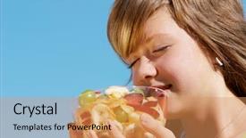  Presentation with corn flakes - Colorful theme enhanced with young smiling girl with bowl of fruits and corn-flakes backdrop and a coral colored foreground