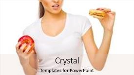  Presentation with hamburger - Colorful presentation design enhanced with young smiling healthy woman with apple and hamburger isolated backdrop and a lemonade colored foreground